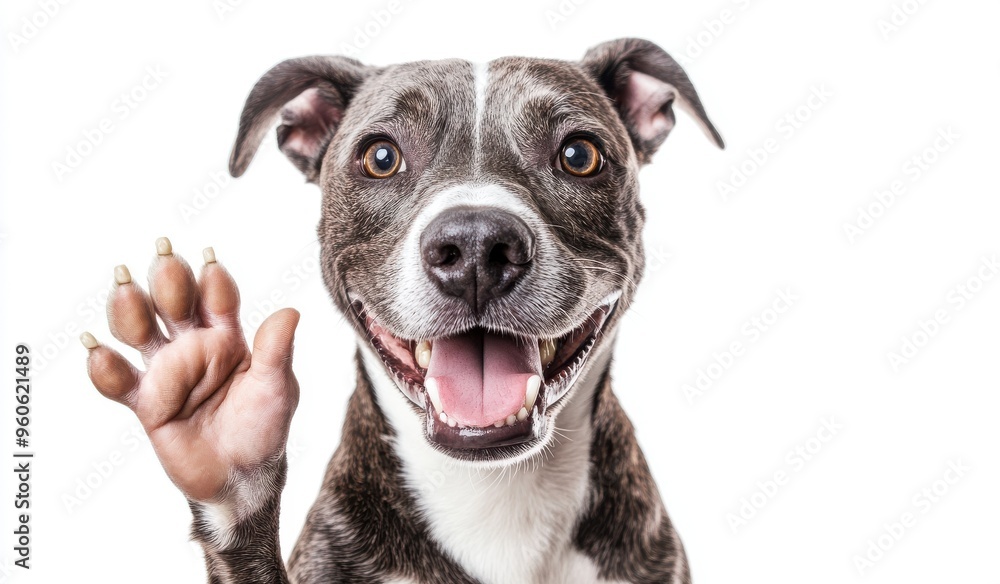 dog smiling and waving with its paw on a white background dog smiling and waving with its paw on a white background