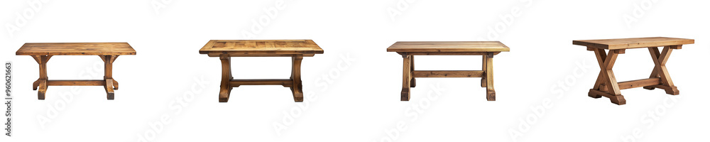Set, collection of a rectangular oak dining table isolated on transparent background. Set, collection of a rectangular oak dining table isolated on transparent background.
