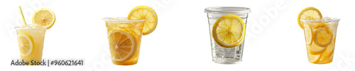 Set, collection of a plastic cup with lemonade and a slice of lemon isolated on transparent background.