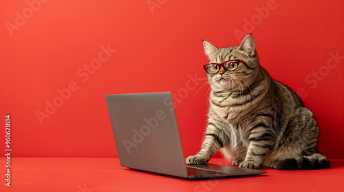 tabby cat with glasses looking at laptop on red background, sitting behind a computer, serious cat working as IT, social media manager, cat looking for best food prices, deals