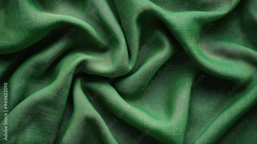 Fototapeta premium Green fabric with flowing folds and textured surface