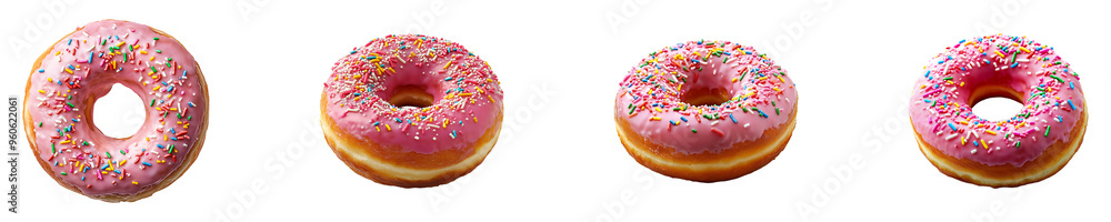 Set, collection of a pink donut with sprinkles isolated on transparent background. Set, collection of a pink donut with sprinkles isolated on transparent background.