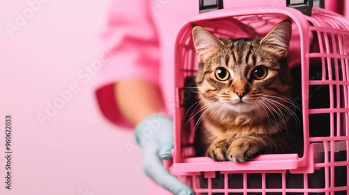 Cute tabby cat sitting in a pink pet carrier with a pink background, handled by a person wearing gloves. photo