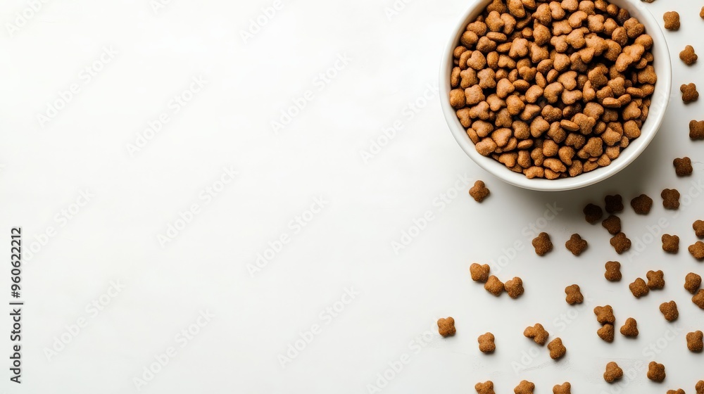 Dog kibble in a bowl with scattered pieces on a white background, showcasing pet food nutrition and texture.