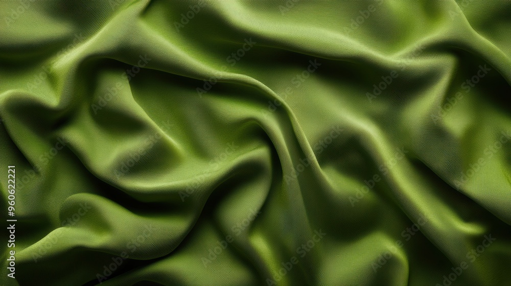 Green fabric with flowing folds and smooth texture Green fabric with flowing folds and smooth texture