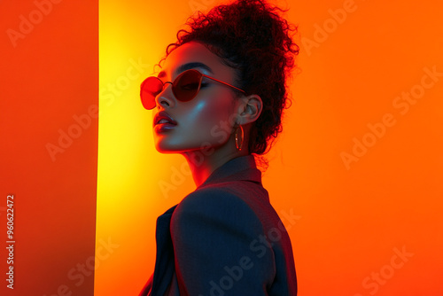 Fashionable Dark Gray Suit with Solid Neon Orange High Energy Womans Lifestyle Portrait Background