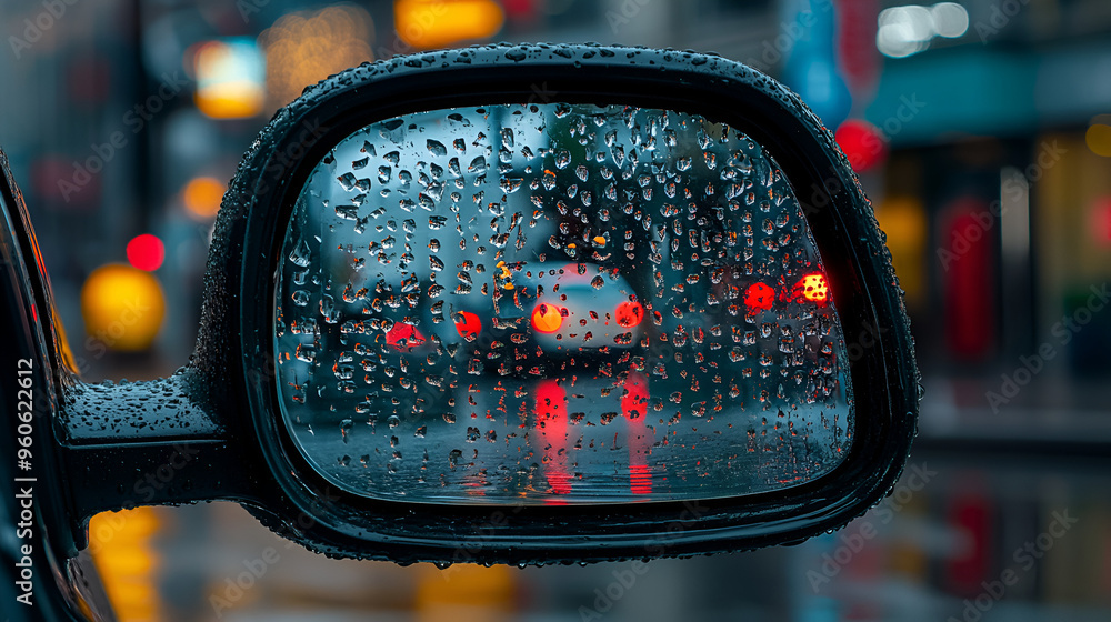 Raindrops on a car mirror reflecting city lights during a rainy evening drive in urban surroundings Raindrops on a car mirror reflecting city lights during a rainy evening drive in urban surroundings