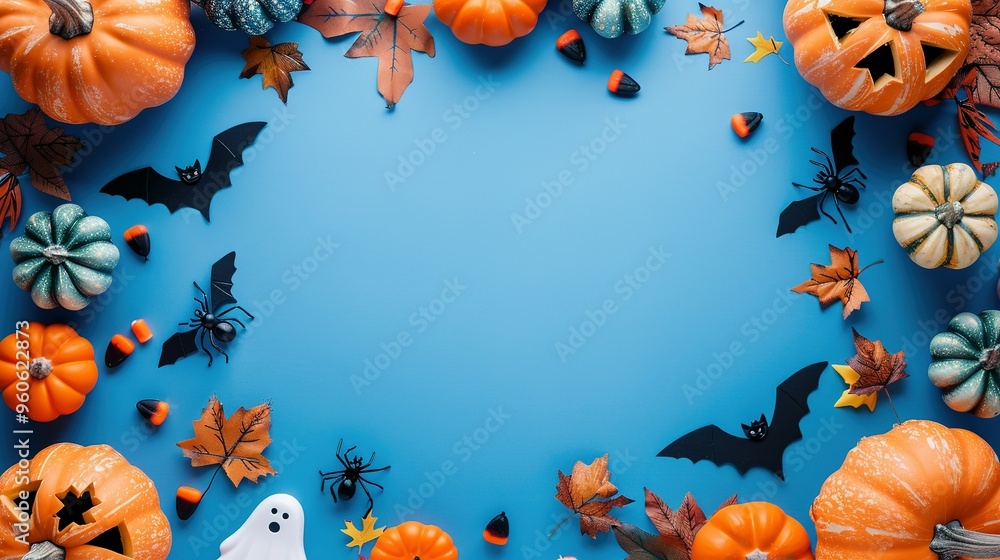 Halloween Decorations on Blue Background Halloween Decorations on Blue Background
