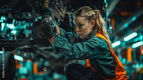 Automotive technician performing routine brake replacement for vehicle maintenance and safety photo