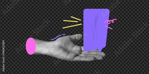 Trendy halftone collage with speech bubble, note and hand. Collage-cut hand with  speech bubble and checkered note. Black and white hand with grunge sticker with realistic effect.