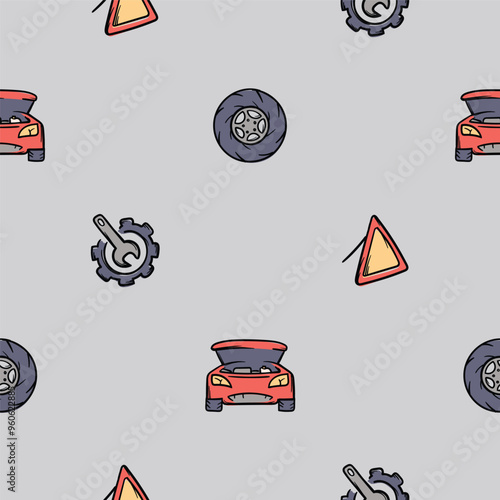 Simple vector seamless pattern with auto accessories, triangle sign, wheel, broken car and maintenance icon. Hand drawn illustration for design, advertising, wrapping paper, background