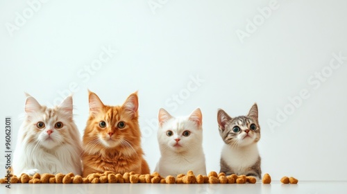 Four adorable cats of various breeds sitting in a row with cat food scattered in front, isolated against a white background.