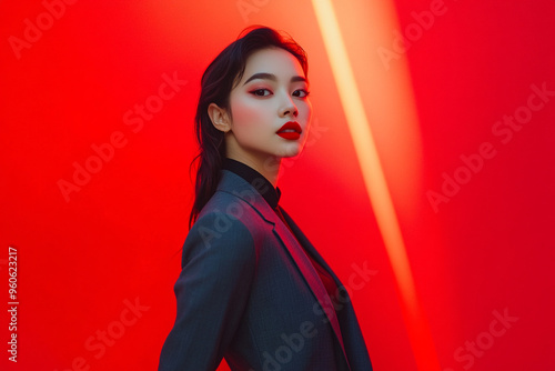 Fashionable Dark Gray Suit with Solid Neon Red Contemporary Womans Lifestyle Portrait Background