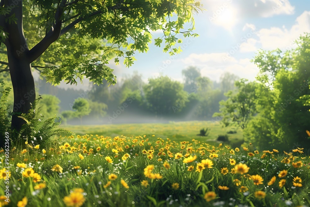 Obraz premium A high-resolution view of a spring meadow filled with yellow flowers and green leaves on a sunny day. 