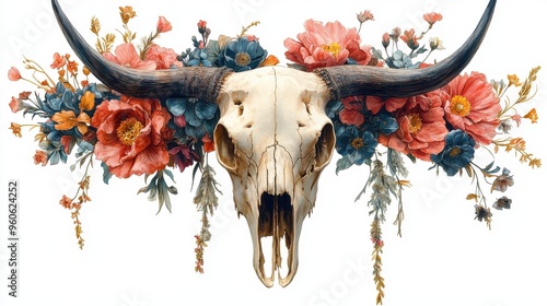 Bull skull with flowers on white background