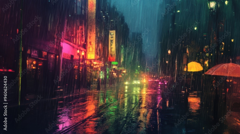 Fototapeta premium Rainy city street with neon lights reflecting on wet pavement