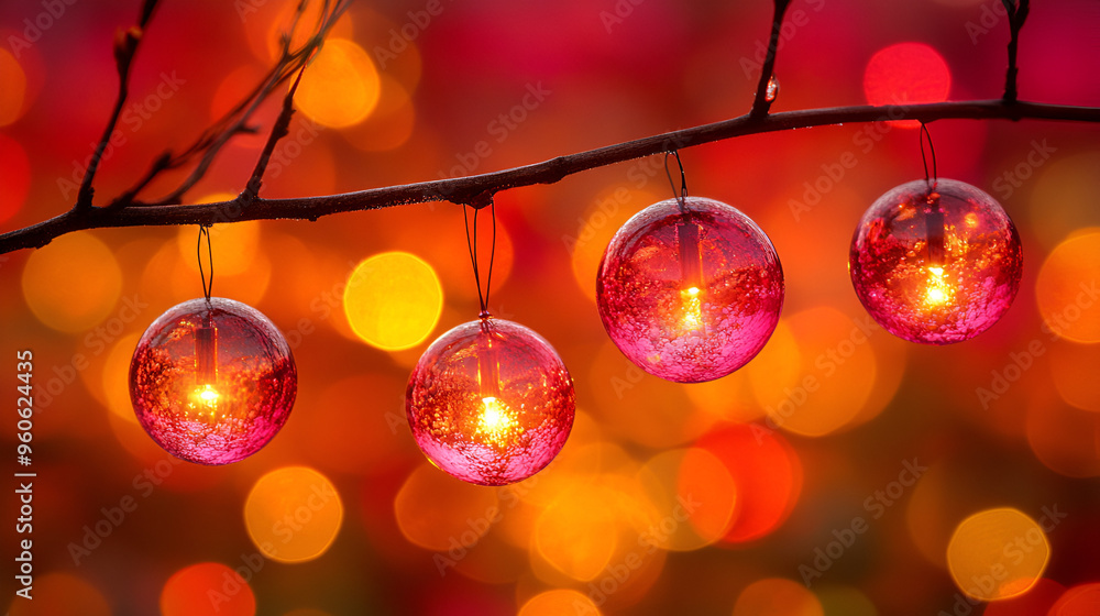 Colorful glass lights hang on a branch, glowing warmly against a vibrant bokeh background during the festive season Colorful glass lights hang on a branch, glowing warmly against a vibrant bokeh background during the festive season