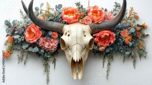 Bull skull with flowers on white background