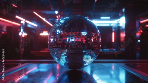 Shiny disco ball in nightclub with neon lights