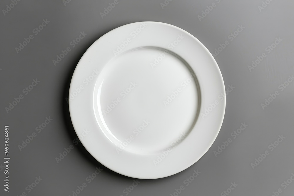 Overhead view of a white plate on gray backdrop Overhead view of a white plate on gray backdrop