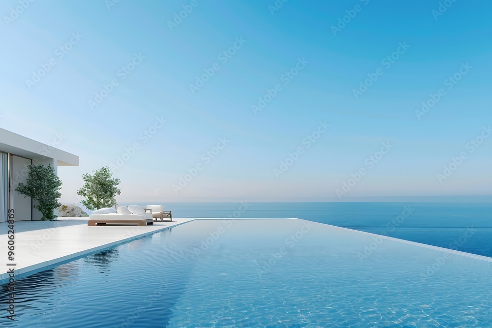 Fototapeta premium A luxurious villa with a contemporary infinity pool and a white camping bed 