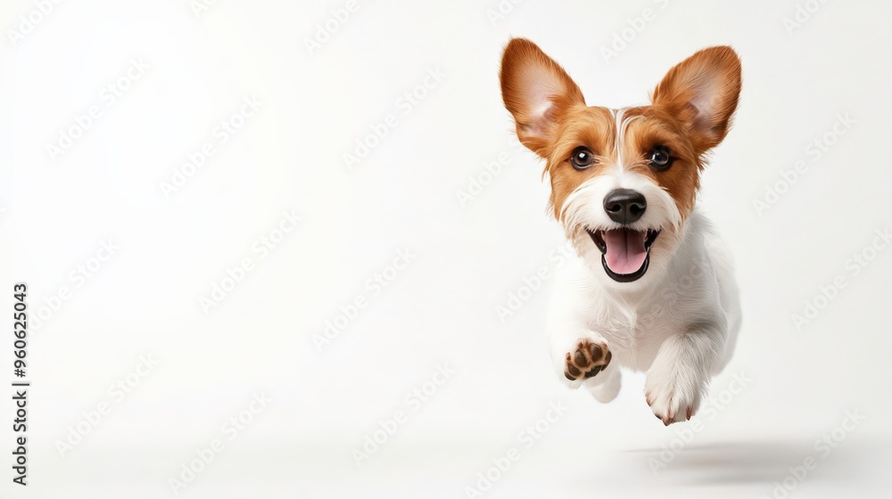 Happy Jack Russell Terrier puppy jumping in the air with a joyful expression on a clean white background. Happy Jack Russell Terrier puppy jumping in the air with a joyful expression on a clean white background.