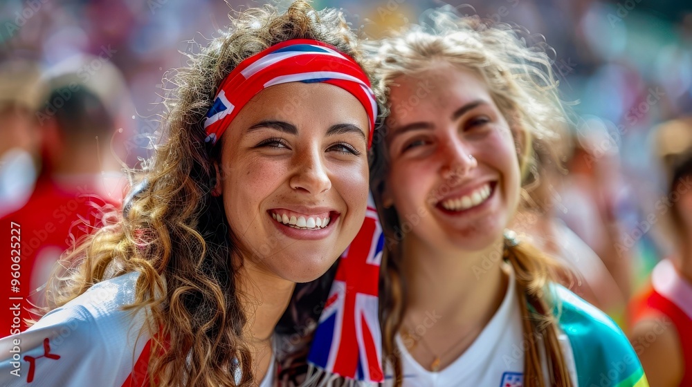 Two smiling fans proudly wear team colors and accessories, celebrating with joy at a lively sports event. Two smiling fans proudly wear team colors and accessories, celebrating with joy at a lively sports event.