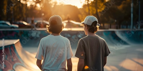 Two boys stand side by side, observing a sunset at a skate park, dressed casually in t-shirts and caps.