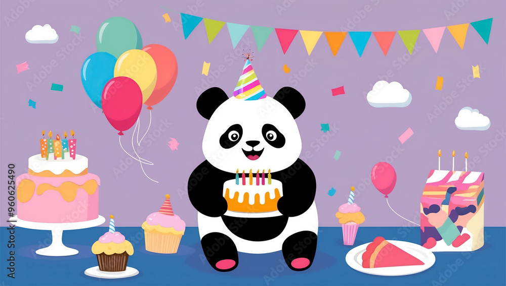 Naklejka premium cute cartoon panda with cake, birthday flat design illustration