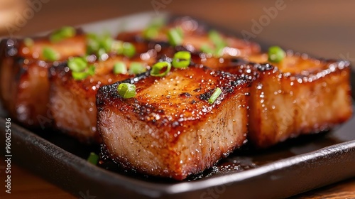 Deliciously glazed pork belly cubes garnished with green onions, ideal for culinary and food photography.