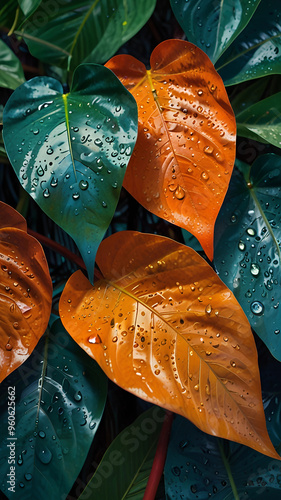 Vibrant Tropical Leaves in Warm Orange Hues with Dew Drops on a Cool Teal Background. Mobile phone wallpaper.