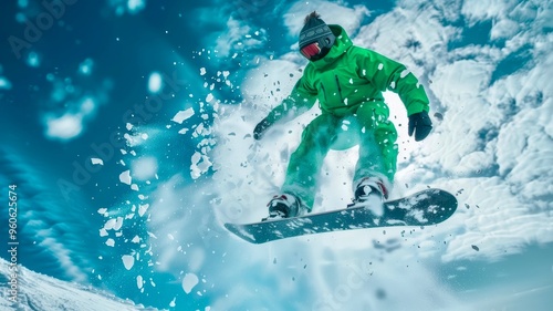 A snowboarder dressed in green executes an impressive aerial jump, kicking up snow against a bright blue sky. photo