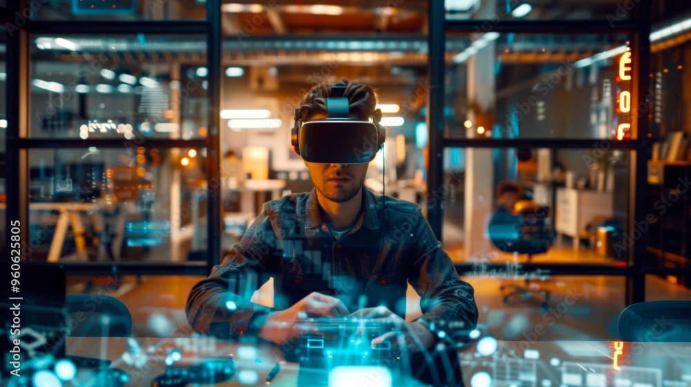 A person interacts with virtual reality content while seated at a desk in a contemporary workspace, illuminated by computer screens. A person interacts with virtual reality content while seated at a desk in a contemporary workspace, illuminated by computer screens.