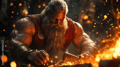 Detailed Hephaestus at his forge, crafting weapons, symbolizing craftsmanship and fire. photo