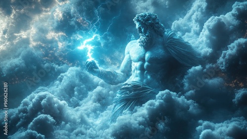 Majestic Zeus hurling a lightning bolt from Mount Olympus, with clouds swirling, symbolizing power and authority.
