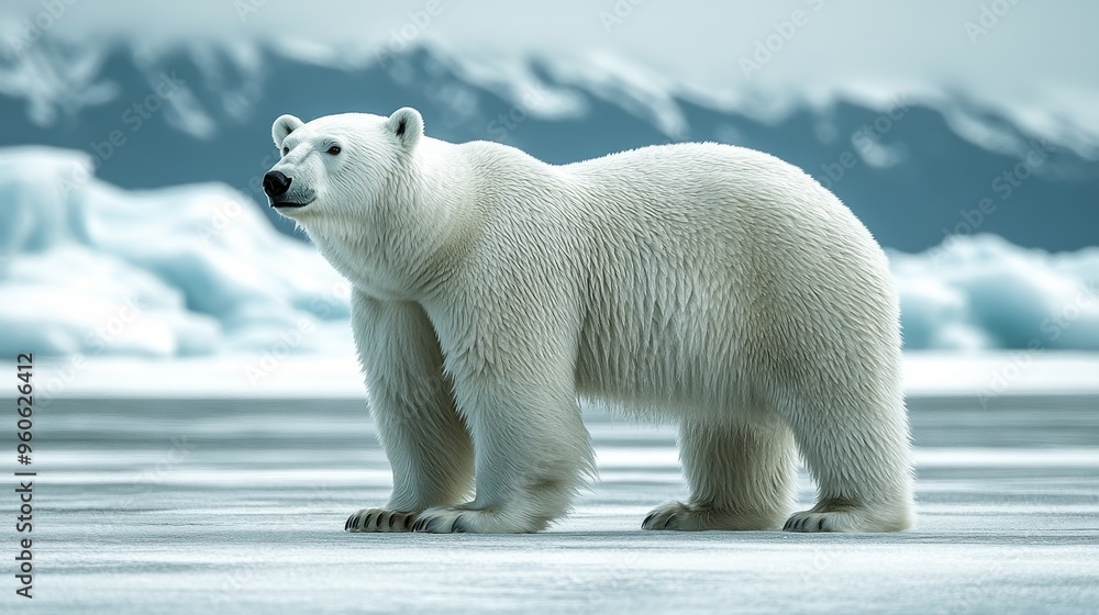 Clipart of a polar bear with a backdrop of melting ice caps on a white background Clipart of a polar bear with a backdrop of melting ice caps on a white background