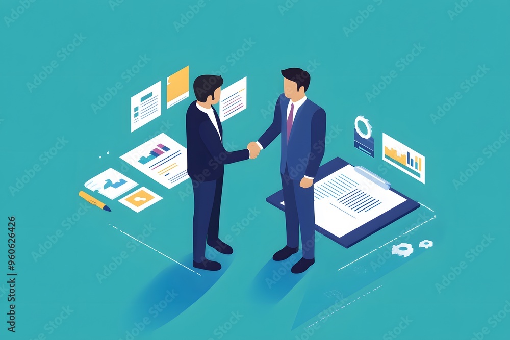 Two Businessmen Shaking Hands Surrounded by Documents and Charts Two Businessmen Shaking Hands Surrounded by Documents and Charts