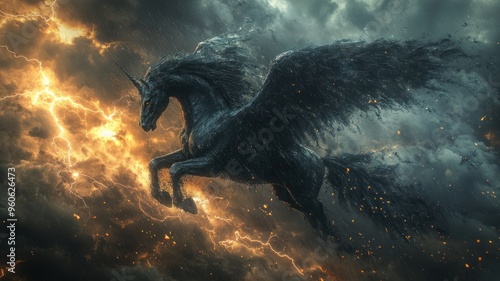 Mysterious black pegasus flying through a stormy sky, symbolizing freedom and mystery. photo