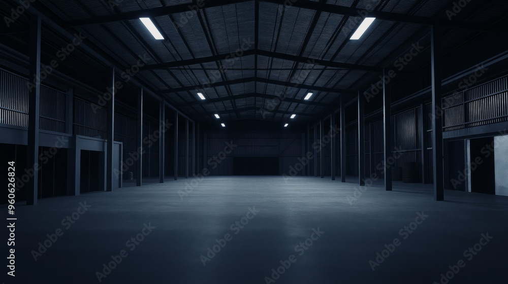 A dark and empty warehouse in a 3D style. Empty space of a warehouse with a timeless tone to the environment. A dark and empty warehouse in a 3D style. Empty space of a warehouse with a timeless tone to the environment.