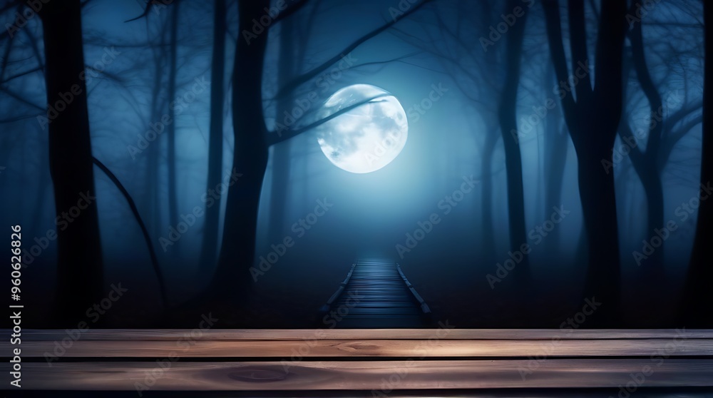 Obraz premium mystic halloween background moonlit wooden planks misty trees party invitation concept