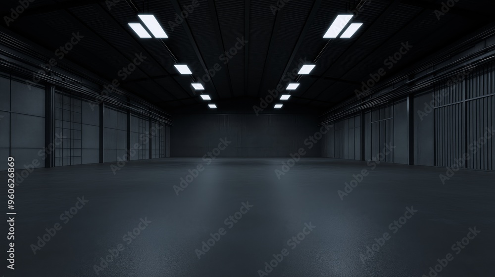 A dark and empty warehouse in a 3D style. Empty space of a warehouse with a timeless tone to the environment. A dark and empty warehouse in a 3D style. Empty space of a warehouse with a timeless tone to the environment.