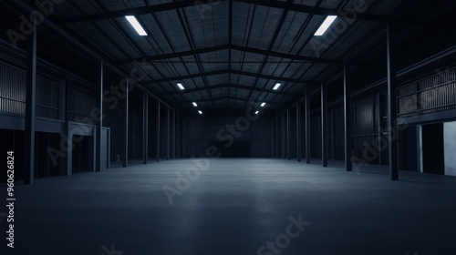 A dark and empty warehouse in a 3D style. Empty space of a warehouse with a timeless tone to the environment.