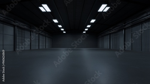 A dark and empty warehouse in a 3D style. Empty space of a warehouse with a timeless tone to the environment.