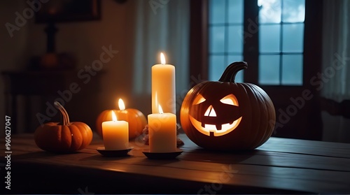 pumpkins candles table old house halloween photo