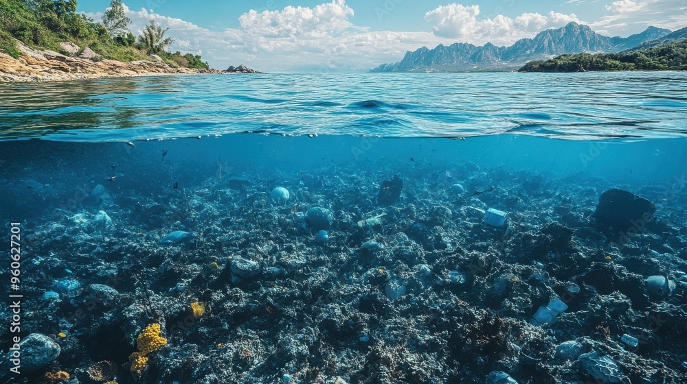 Naklejka premium Clipart of environmental pollution including water and air pollution on a white background