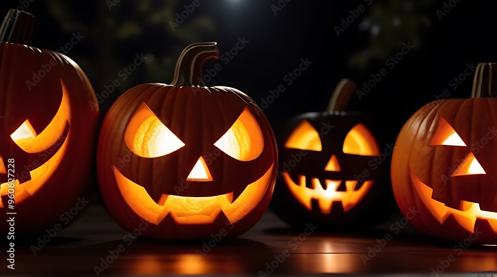 Fototapeta premium row carved pumpkins halloween
