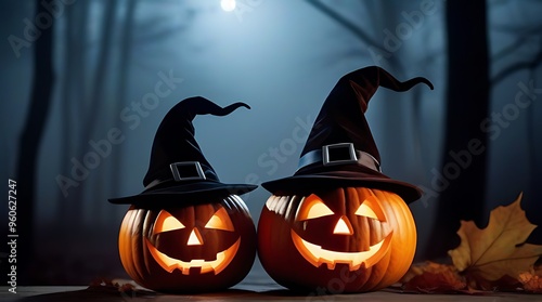 row spooky orange pumpkins wearing witch hat mystical fog theme photo