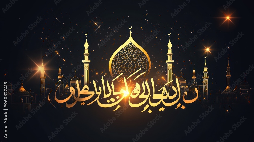 Islamic Calligraphy with Mosque Silhouette and Stars Islamic Calligraphy with Mosque Silhouette and Stars