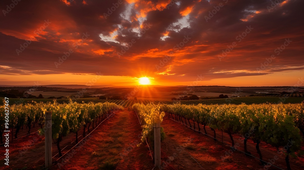 Fototapeta premium A picturesque vineyard field at sunset, with the sun casting a warm.