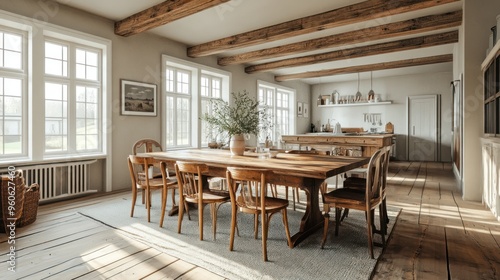 Rustic Farmhouse Dining Room with Wooden Table and Chairs